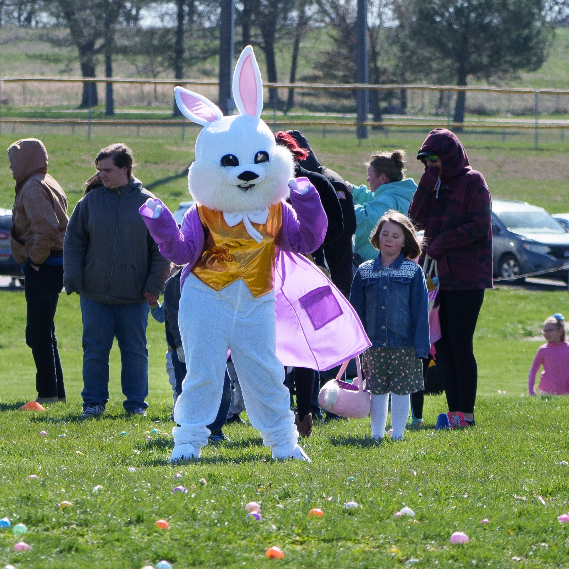 Photo of an Easter Bunny mascot dancing